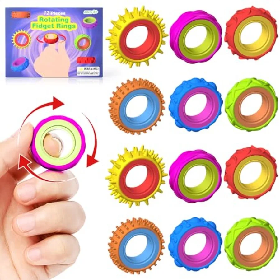 Fidget Toys Sensory Rings for 12 Pcs Fun Small Finger Spinner Rings for Anxiety Relief Autism ADHD Quiet Fidgets Toys Bulk for