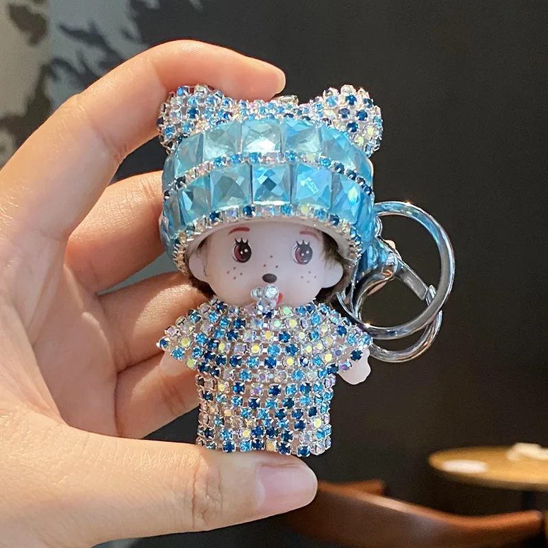 Chaveiro de boneca Monchi criativo incrustado de diamantes Kawaii, pingente de bolsa de menina, chaveiro de carro, presentes de feriado para crianças