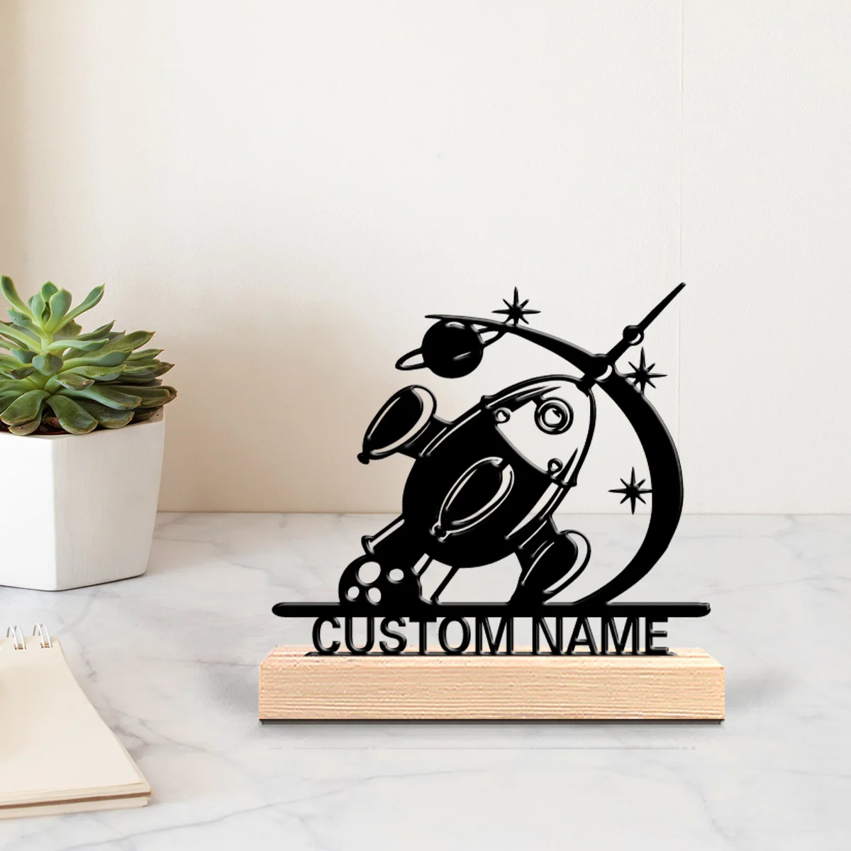 1pc Interesting Metal Desktop Decoration Custom Content Equipped with Wooden Base Housewarming Gift,Metal Ornament Decoration