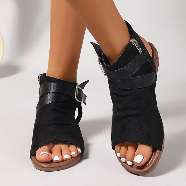 Black Pu Buckle Open Toe Fashion Comfortable Cool Wedge Heel Versatile Commuter Vacation Women's Sandals