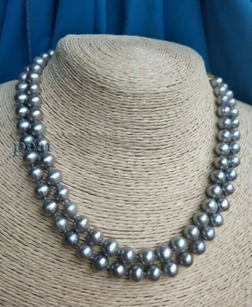 

Double Strand AAA 8-9mm Natural South China Sea Grey Pearl Necklace 18 inch 925SGold