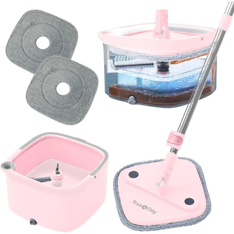 Square Spin Mop and Bucket Smart Floor Mop with Separate Compartments for Clean and Dirty Water, Self Cleaning