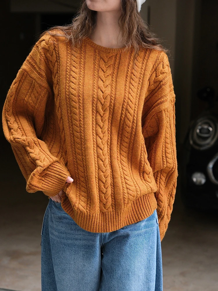 [EAM] Yellow Brown Big Size Knitting Sweater Round Neck Long Sleeve Women Pullovers New Fashion Tide Spring Autumn 2024 1DH7110