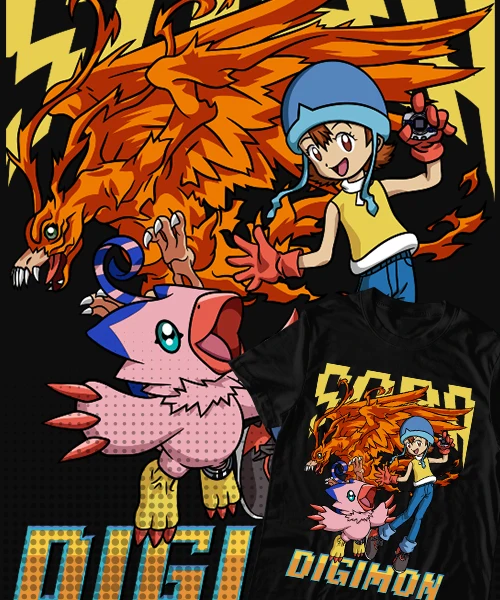 Camiseta de algodón de anime unisex Digimon Sora y Biyomon, Camiseta de Transformación Birdramon