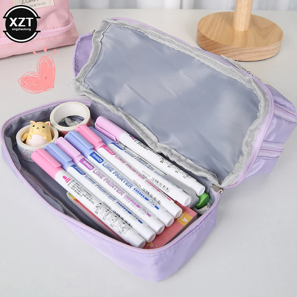 Candy color Children Pencil Bags Three-layer Large Capacity Pencil Case Student Teacher Stationery Pen Pencil Ruler Holder