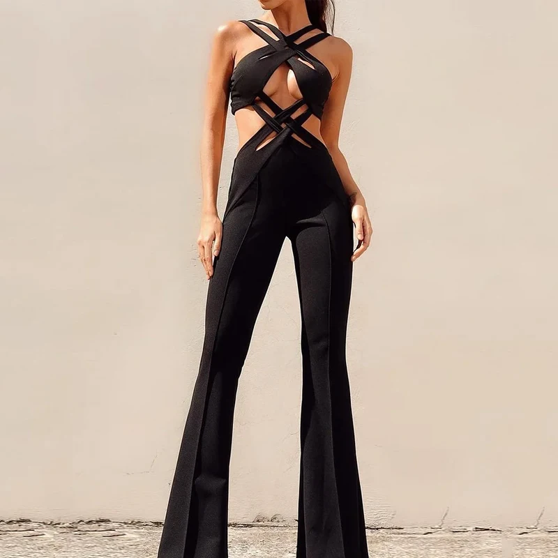 Wefads Vrouwen 2023 Nieuwste Jumpsuit Mode Effen Mouwloos Hollow Out Backless Sexy Gesmoorde Taille Onregelmatige Rechte Broek Romper