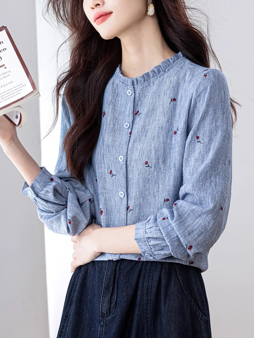

Elegant Long Sleeve Cotton Linen Shirt Women's Chic Single Button Cherry Print Stand Collar Slimming Top Korean Style Commute