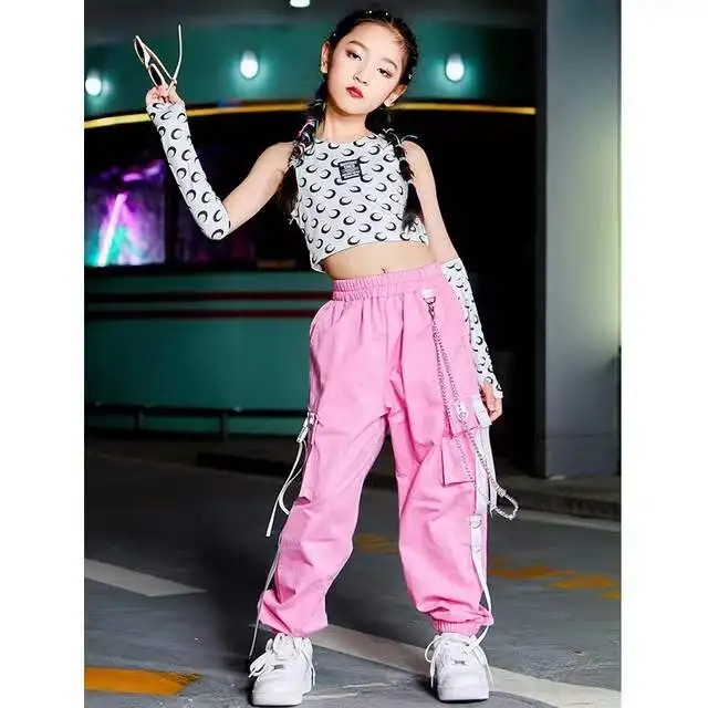 Conjuntos de ropa de baile callejero para niña, traje de k-pop, Tops cortos, pantalones Cargo, disfraz de rendimiento rosa, ropa de baile callejero