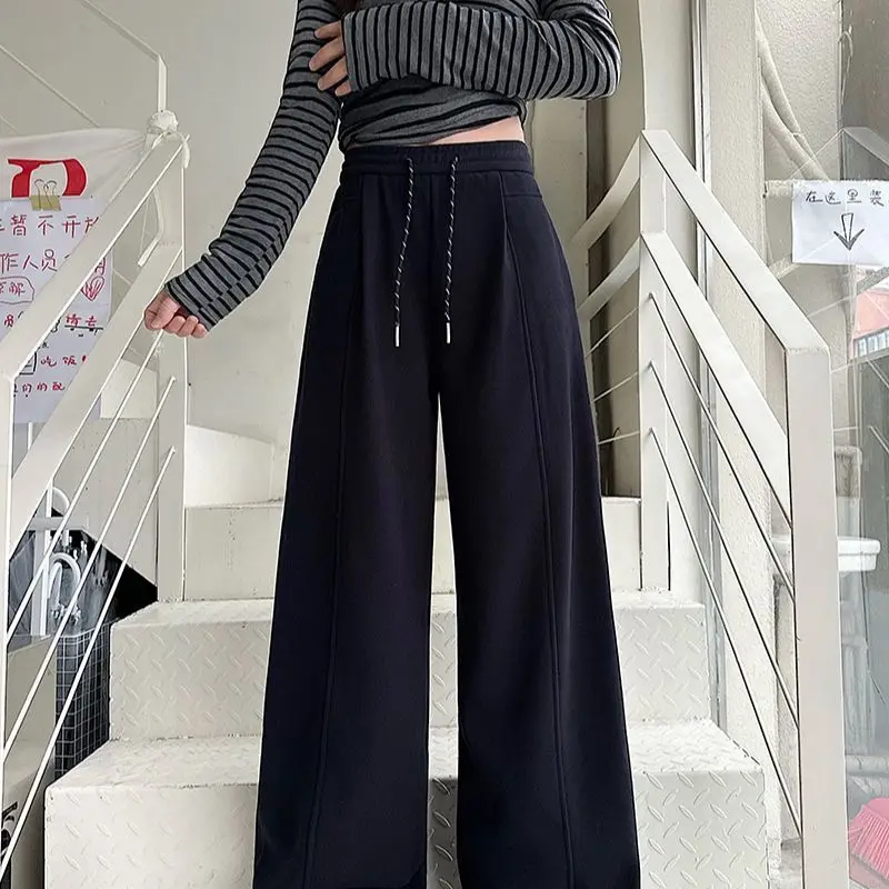 Autumn and Winter New Solid Color Casual Wide Leg Pants Women Versatile with Thick Velvet and Warm Drawstring High Waist Pants