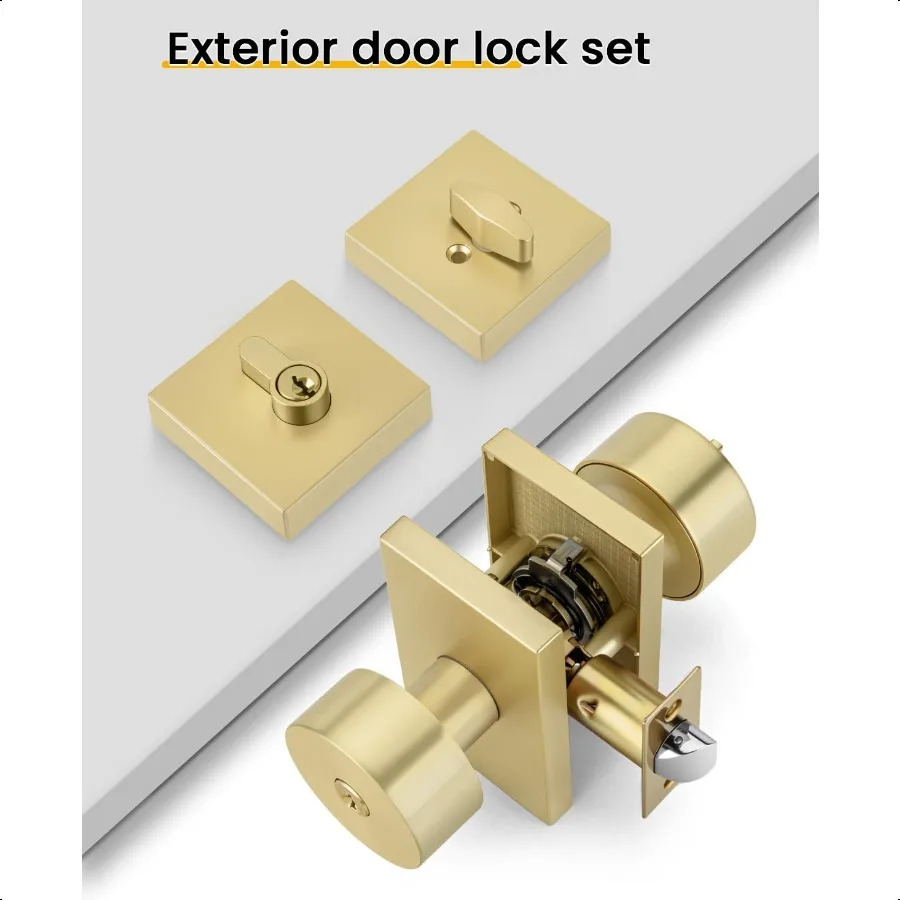 مقبض الباب الخارجي الذهبي مع مجموعة قفل الباب الخارجي الذهبي المصقول المعاصر مع ديدبولت النحاس الثقيل Fr