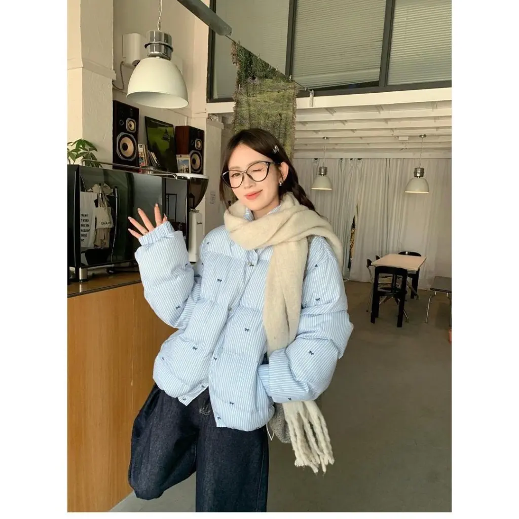 

Winter Cotton Jacket for Women Korean Japanese Style Striped Bow Versatile Thick Coat Live Export Cangzhou