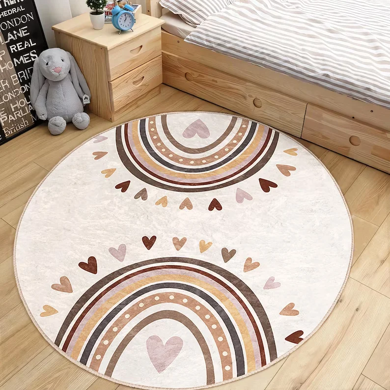 Rainbow Children Room Round Rug Beige Heart Circle Carpet Polka Dot Oval Rug Symmetric Earthy Tone Washable Circular Playmat