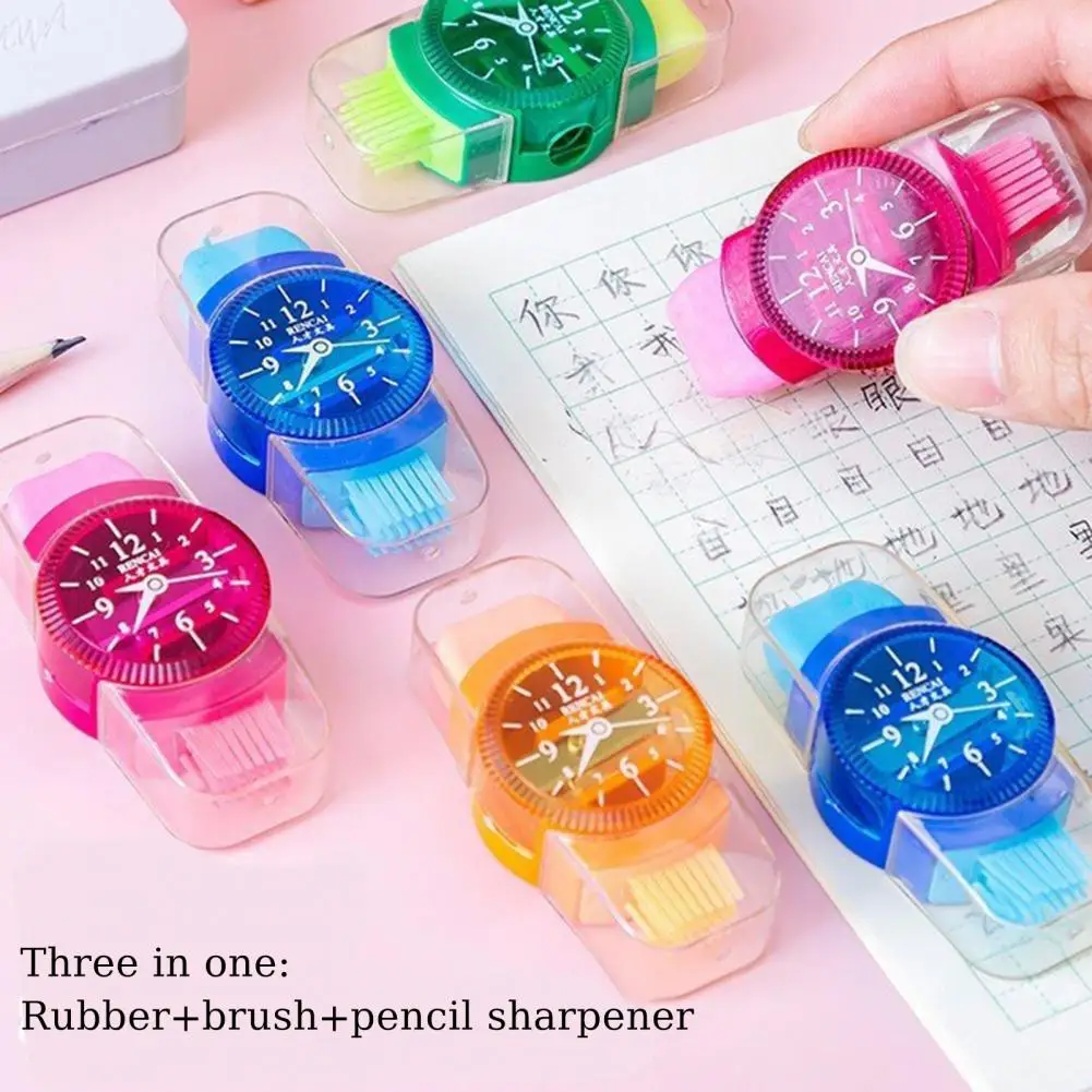 Random Colors Pencil Sharpener 6pcs Watch Shape Pencil Sharpeners 3 1 Student Pencil Cutters with Reel Erasers Brushes Office