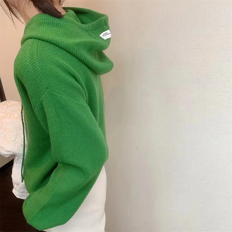 hooded cashmere sweater women autumn and winter pullover loose pure wool hoodie knitted casual bottom hoodie