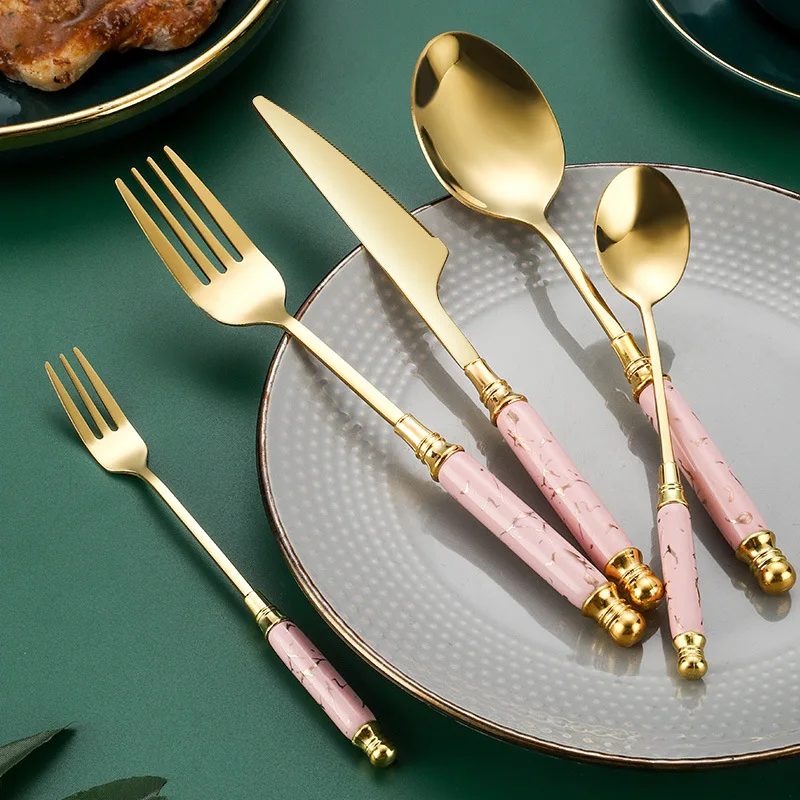 Stainless Steel Cutlery Set Knife Fork Spoon Ceramic Handle Knife Fork Spoon Marble Handle Dessert Spoon Luxury Tableware Set