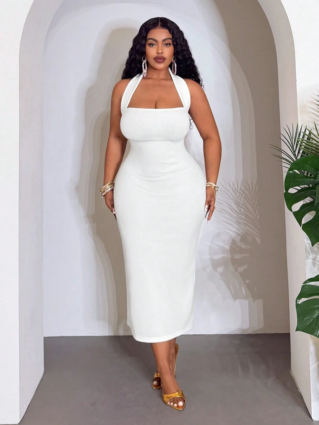 

White Halter Backless Bodycon Slit Midi Dress For Women Elegant Party Formal Evening
