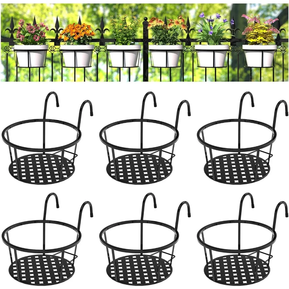 

6-Pack Iron Hanging Plant Holders for Balcony Fence, Outdoor Flower Pot Stands - Black