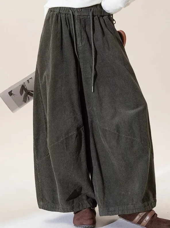Green Retro Corduroy Wide Leg Pants Large Size Women's Autumn Winter Loose Elastic Waist Drawstring Casual Long Trousers