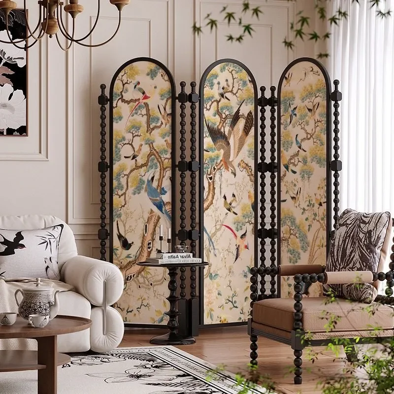 for French Antique Style Folding Screen Solid Wood Creative Room Divider for Living Room Hotel Bed and Breakfast Restaurant