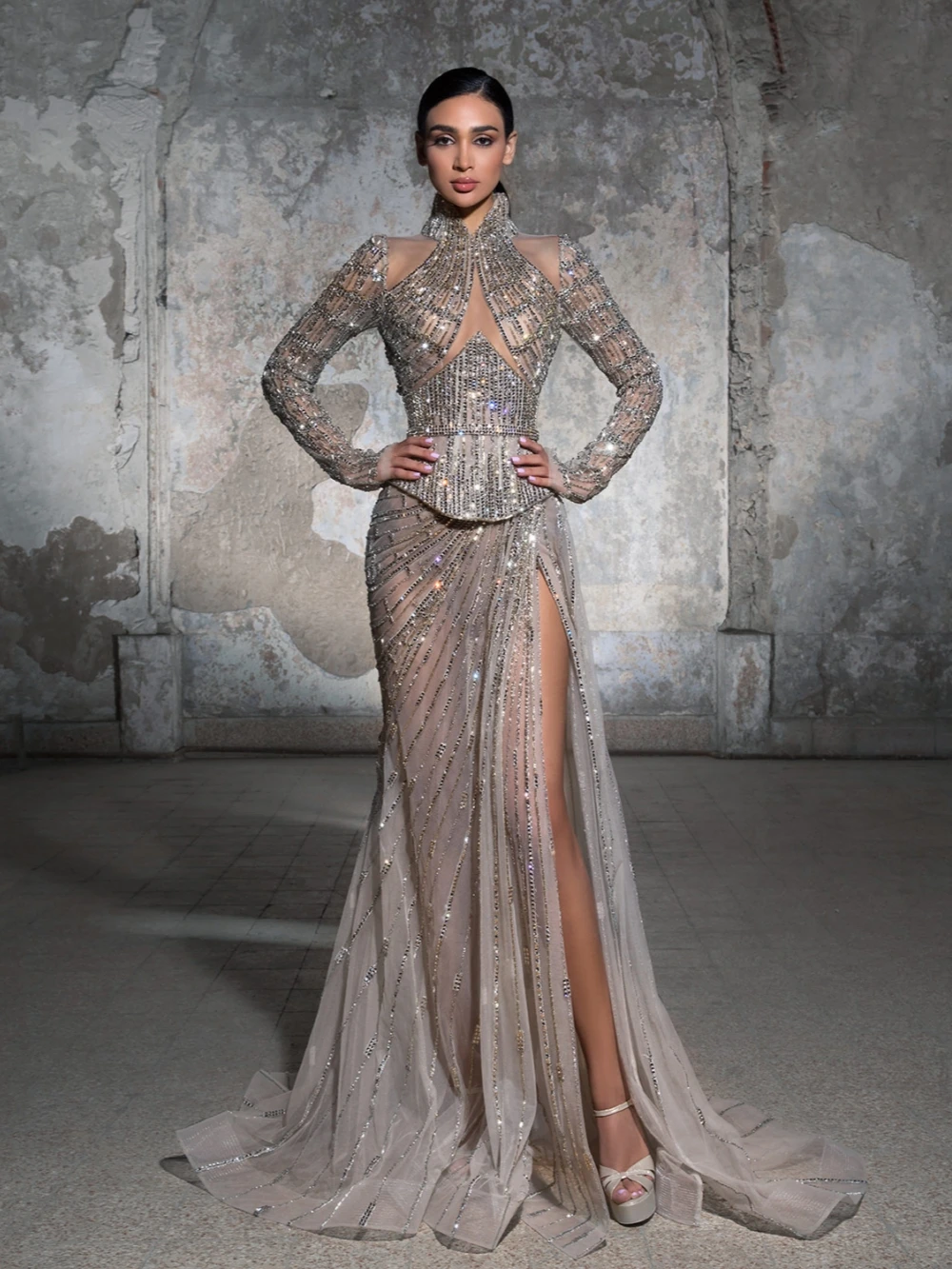 Luxurious Beaded Long Sleeve Evening Dress Illusion High Slit Wedding Party Gown Customized Stunning High Collar Prom Dresses