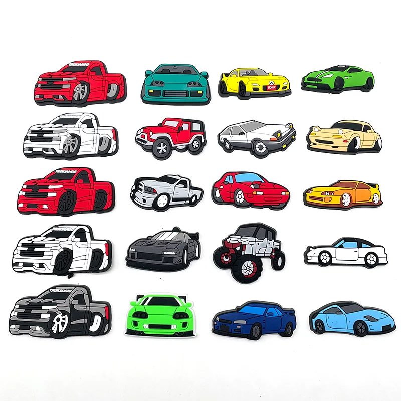 Hot 1pcs Racing Car Shoe Charms Funny DIY Clogs Color Accessories Fit Sandals Decorate Buckle PVC Unisex Kids Boys X-mas Gifts