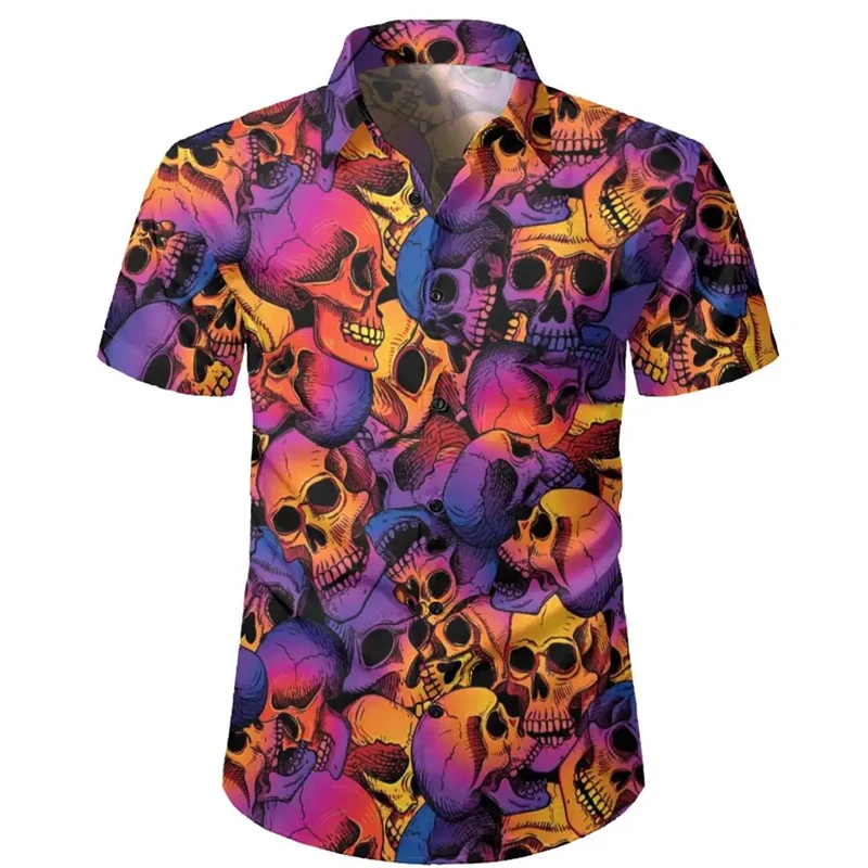 2024 New Fashion Skull Shirts Summer Men Women Vintage Casual Daily Short Sleeve Blouse Street Oversized Loose Blouse Lapel Male