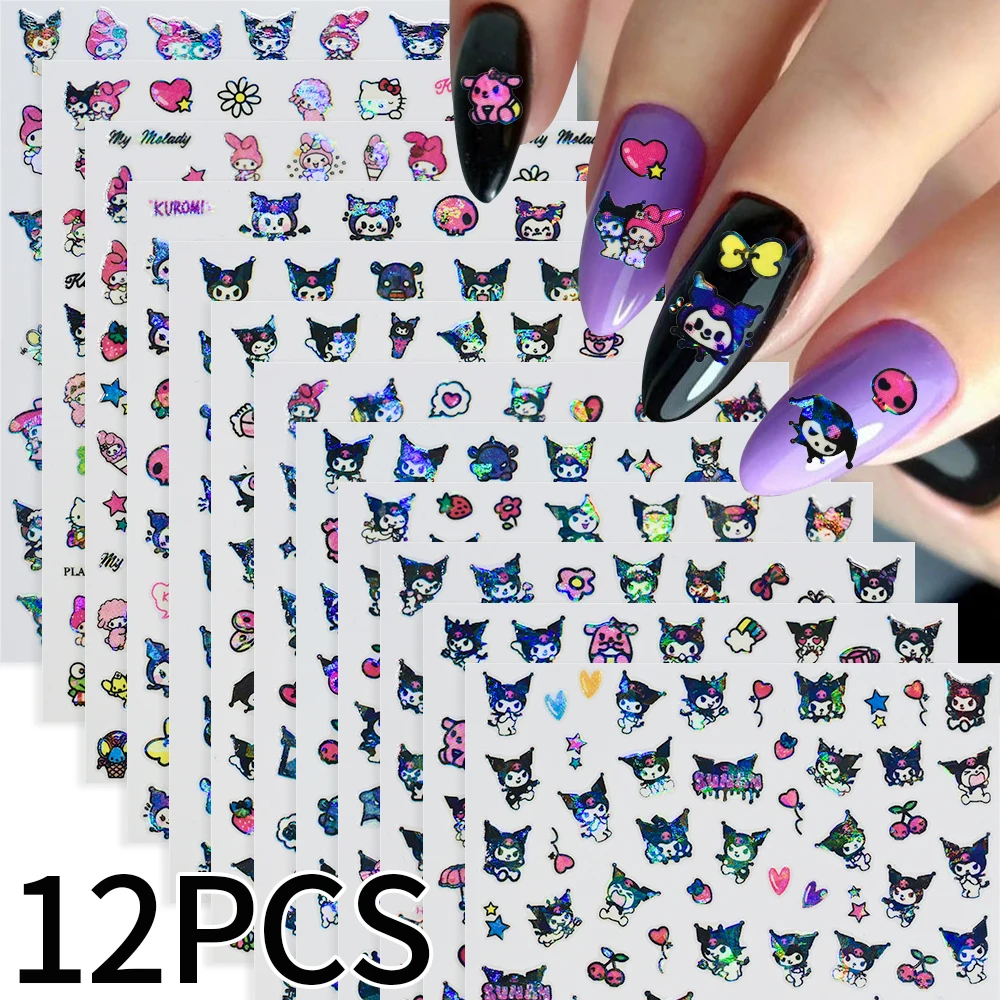 12Pcs Cartoon Laser Hallo Kitty Kuromi Nagel Aufkleber 3D Melody Selbst-klebe Nagel Aufkleber Kawaii Anime Slider Nail art Dekoration