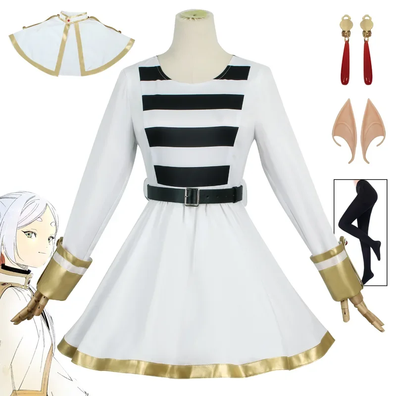 Frying Cosplay Costume Anime Friar Beyond Journey's End White Dress Uniform Ears Earrings Wig Halloween Party Women Cosplay