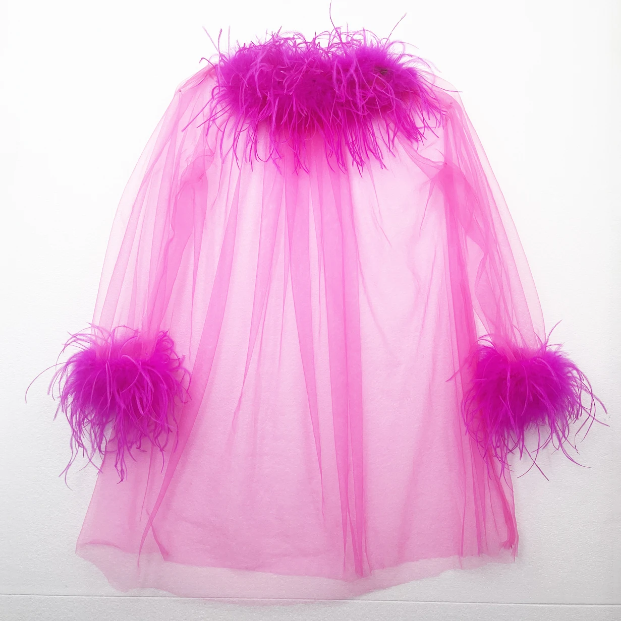 Ostrich Feather Sheer Mesh Pullover Top for Women Oversize Long Sleeve T Shirt  Holographic Blouse  Sex Top peach fuzz