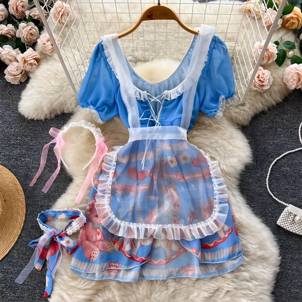 Sweet Cute Lolita Women Dress Wrap Chest Ruffle Bow Pleat Cake Skirt Sexy Erotic Lingerie Cosplay Nightgown Evening Dress Pajama