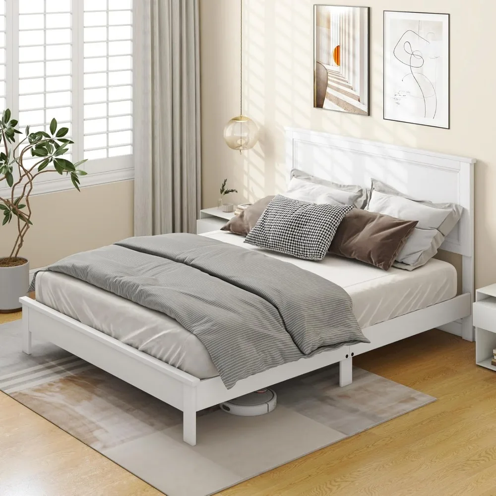 Queen Size Wood Platform Bed Frame with Headboard, Platform Bed with Slat Support & Under Bed Storage, No Box Spring Needed