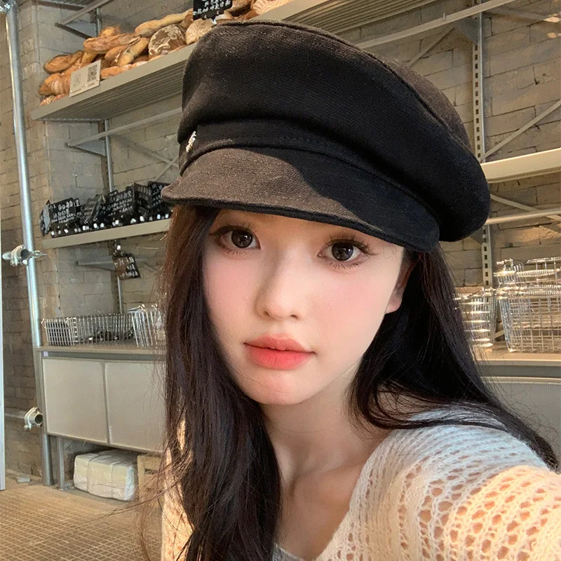 

Women Casual Caps Autumn Fashion Solid Black Military Hats Beige Color Vintage Newsboy Hat
