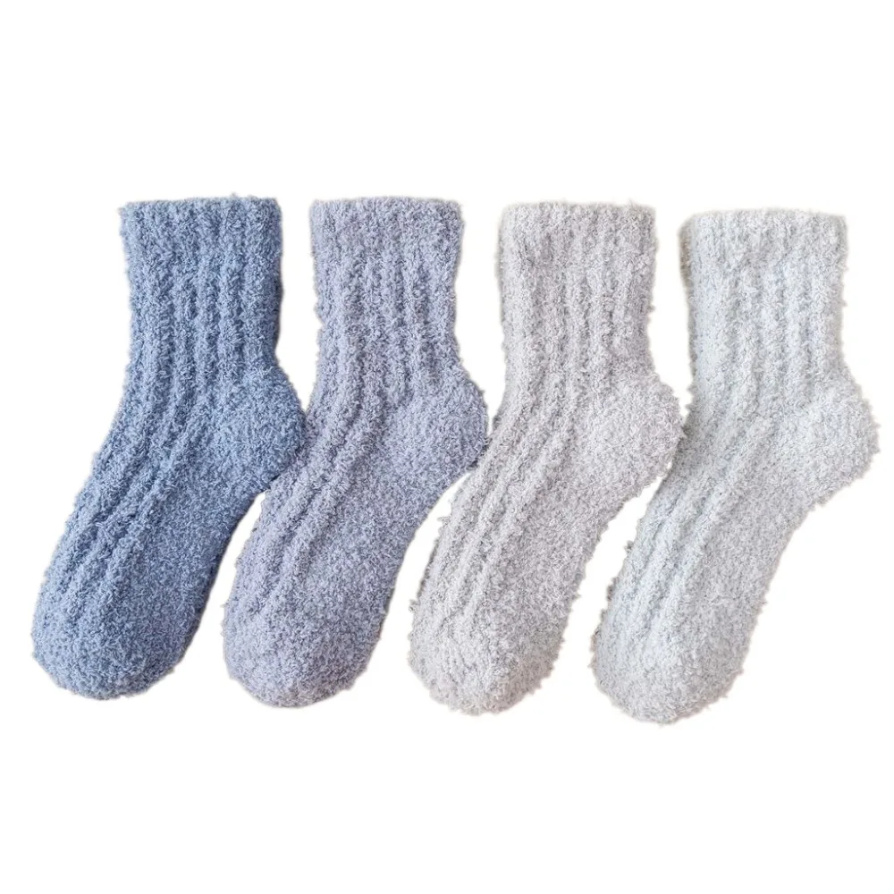 

4Pairs Solid Color Thickened Coral Fleece Socks Sleeping Winter Floor Plush Socks Hosiery Simple Mid Tube Socks Women Winter