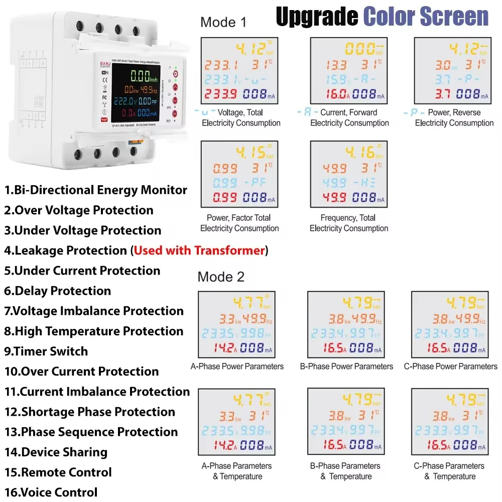 Imagem -04 - Medidor de Energia com Monitor de Consumo de Energia Monitor de Vazamento Sobretensão Relé de Proteção Limite de Corrente Aplicativo Tuya 100a Kwh Inteligente