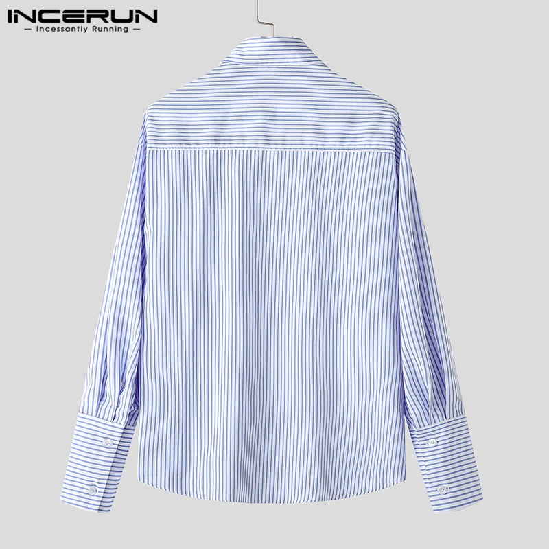 INCERUN 2024 Casual Men Long Sleeve Tops American Style Fashion Contrasting Stripes Shirts Lapel Button Elegant Autumn Tops