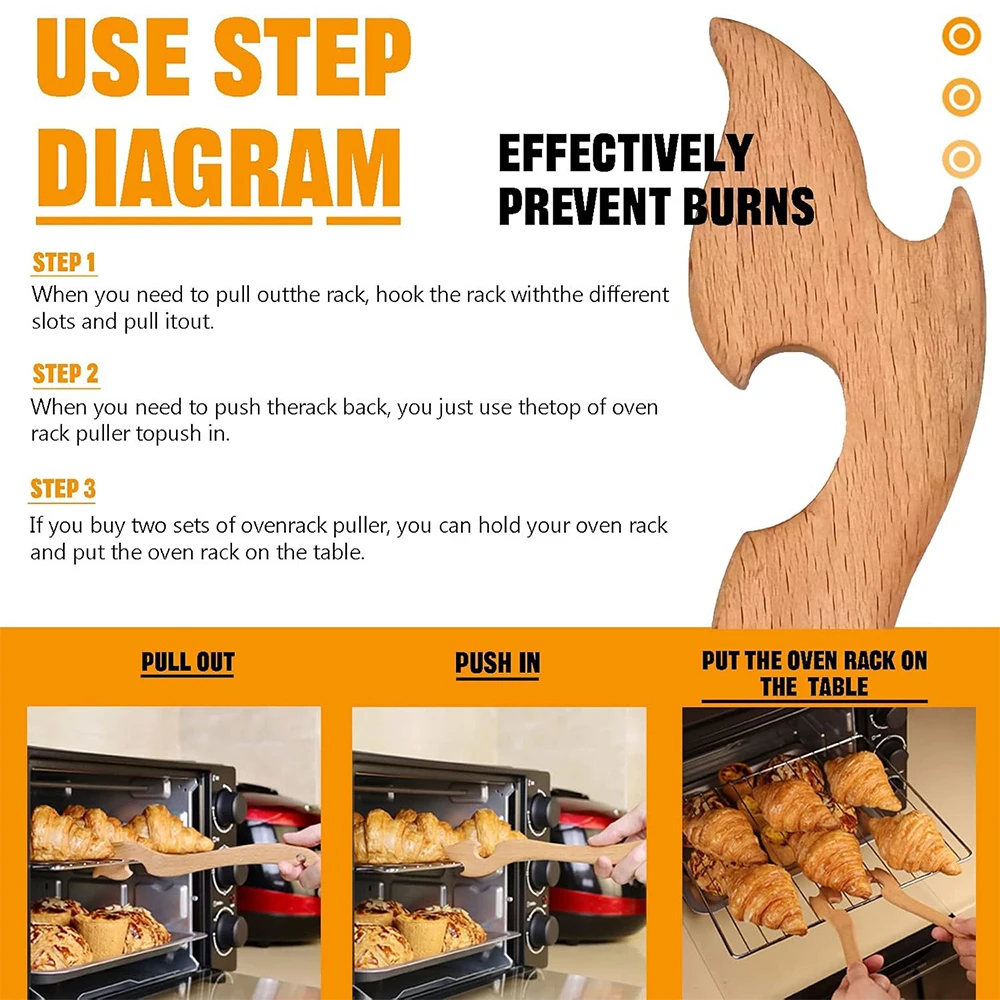 NEW Wooden Oven Rack Puller Anti Scalding Wooden Handle Heat Resistance Smooth For Baking Grilling Cooking Oven Accessory