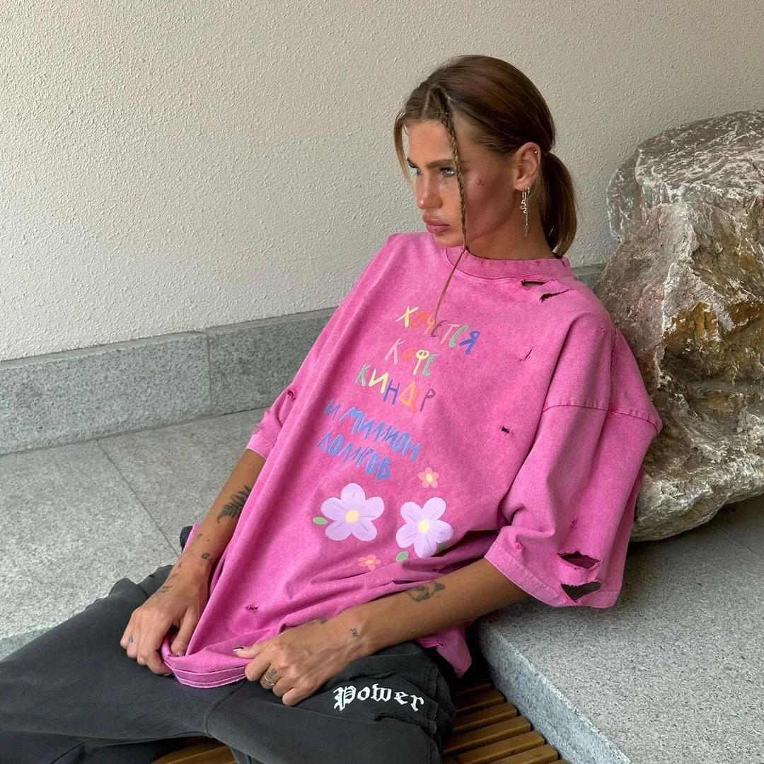 Waed American Sle Loose Women's T-irt Casual round Ne ort Sve Top Vintage Print Spring Faion Ladies' Tee