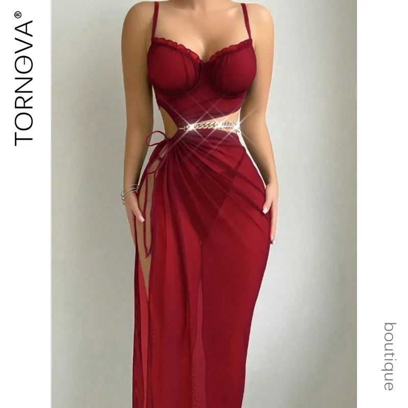 

Tornova Sexy Lingerie Suit for Women Solid Color Mesh See-through Chain Patchwork Women's Lace Up Slit Skirt Underwear Suit New