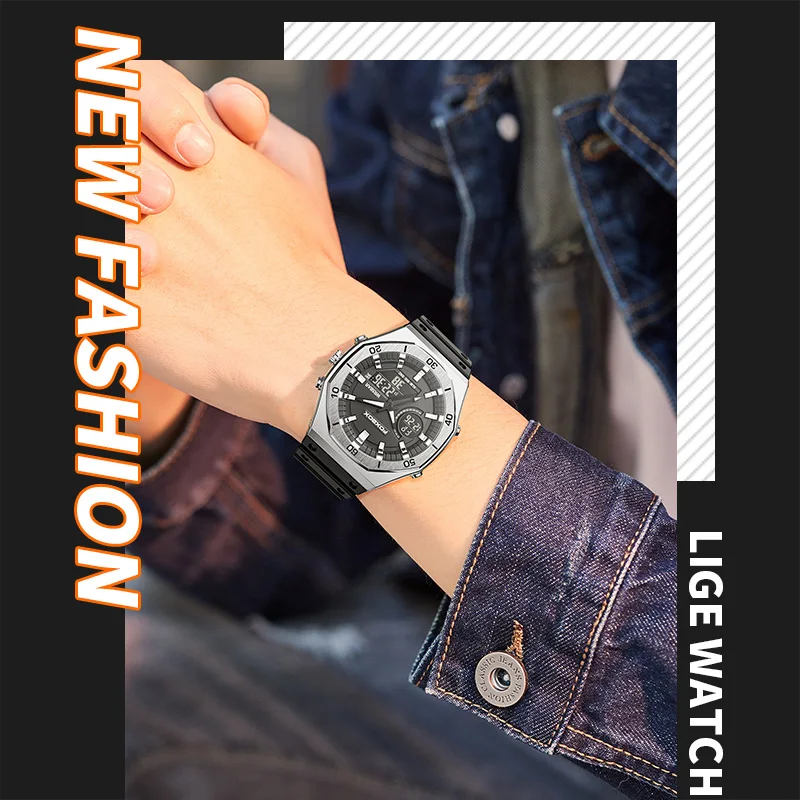 LIGE Luxury Digital Sport Watches For Men Waterproof Chronograph Alarm Clock Man Luminous Quartz Military clearance products+BOX