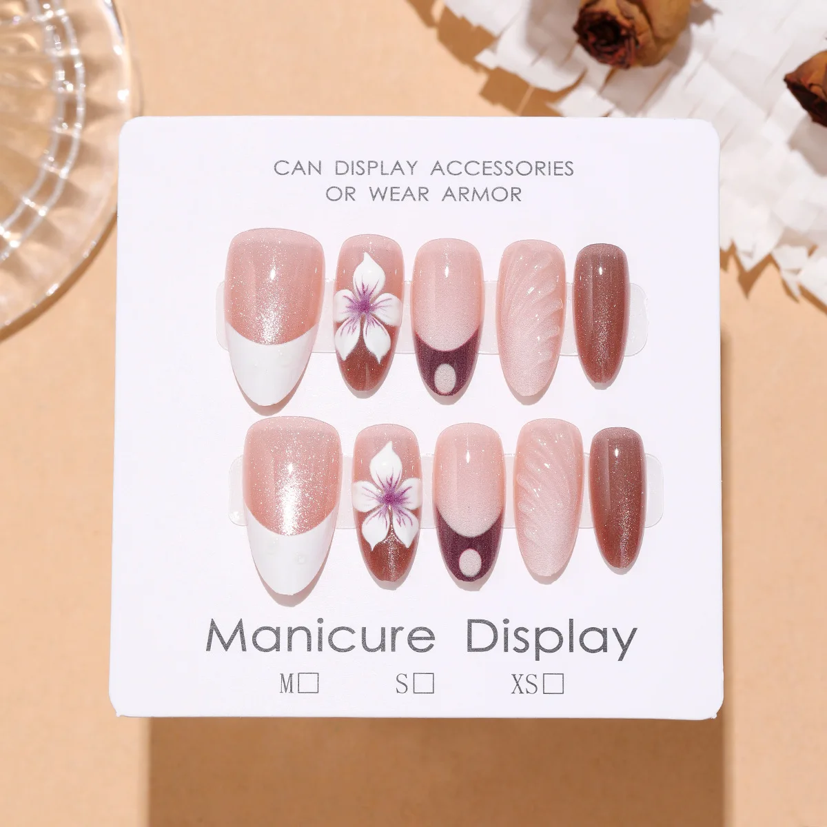 10Pcs Cat Eye Press On Nails Brown Nude French Almond Fake Nails 3D Flower Feather Design Reusable Detachable Women False Nails
