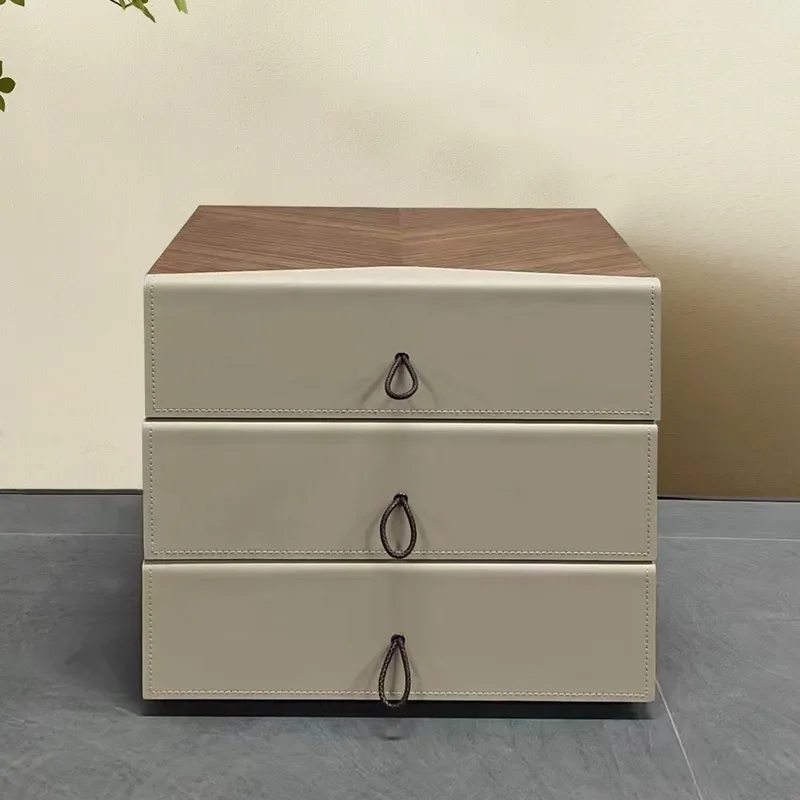 Rotating Solid Wood Nightstand Saddle Leather Envelope Cabinet 3 Drawer Bedroom Storage Furniture No Assembly Required