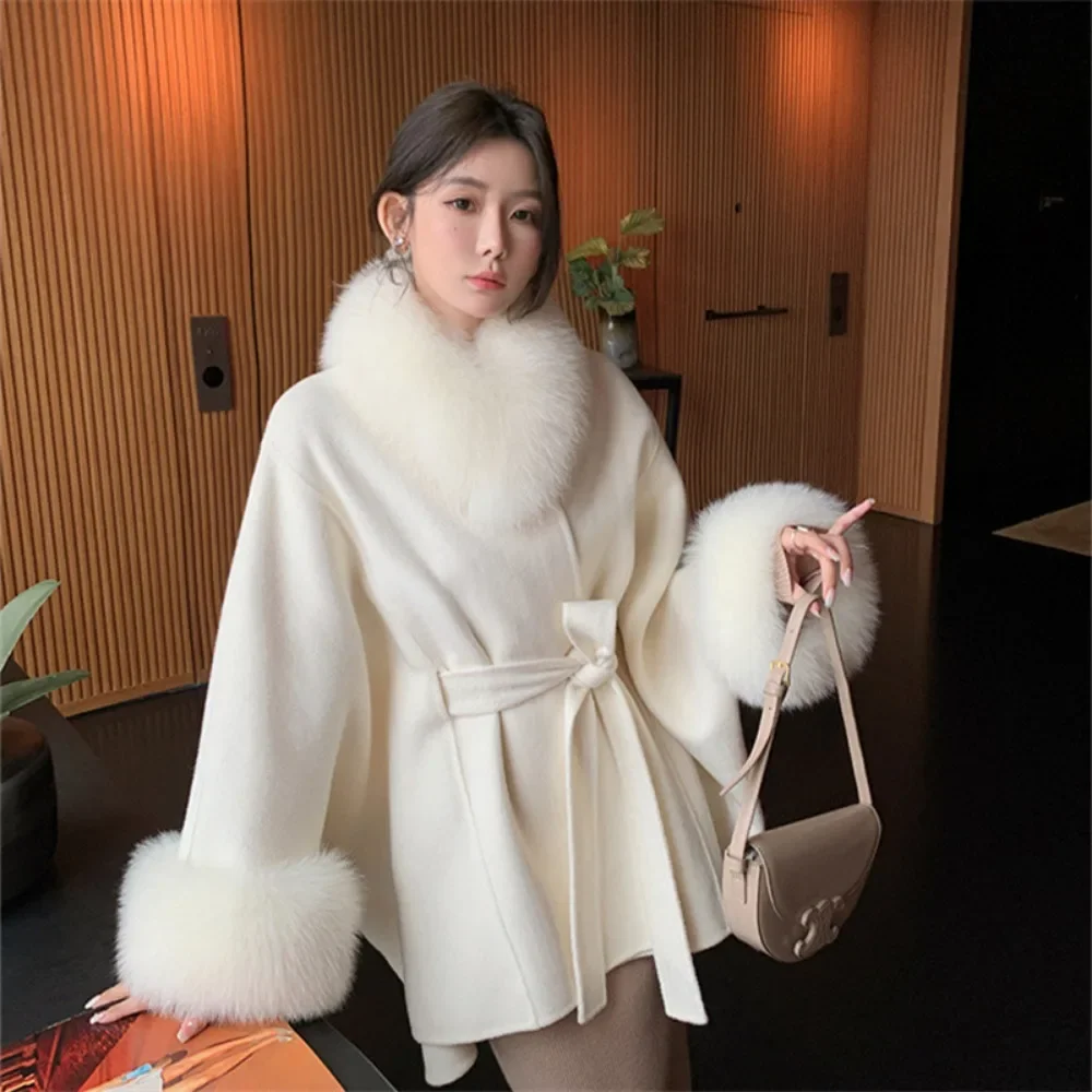 

Autumn Winter New Elegant Fashion Tops Overcoats Double-sided Soft Wool Cloak Real Fox Fur Collar Fur Cuffs Woolen Coats Women