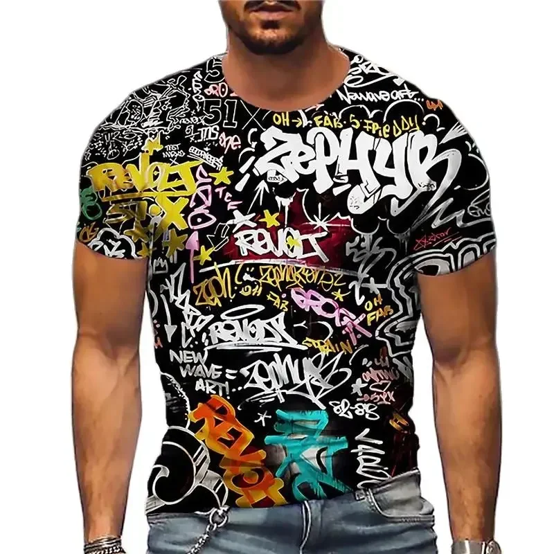 

2024 New Men's Cool Graffiti Print 3D T-Shirt, Crew Neck Short Sleeve Casual Personality Fun Hip Hop Streetwear Top