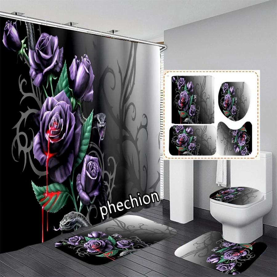 New Gold Rose art 3D Print Shower Curtain Waterproof Bathroom Curtain Anti-slip Bath Mat Set Toilet Rugs X01