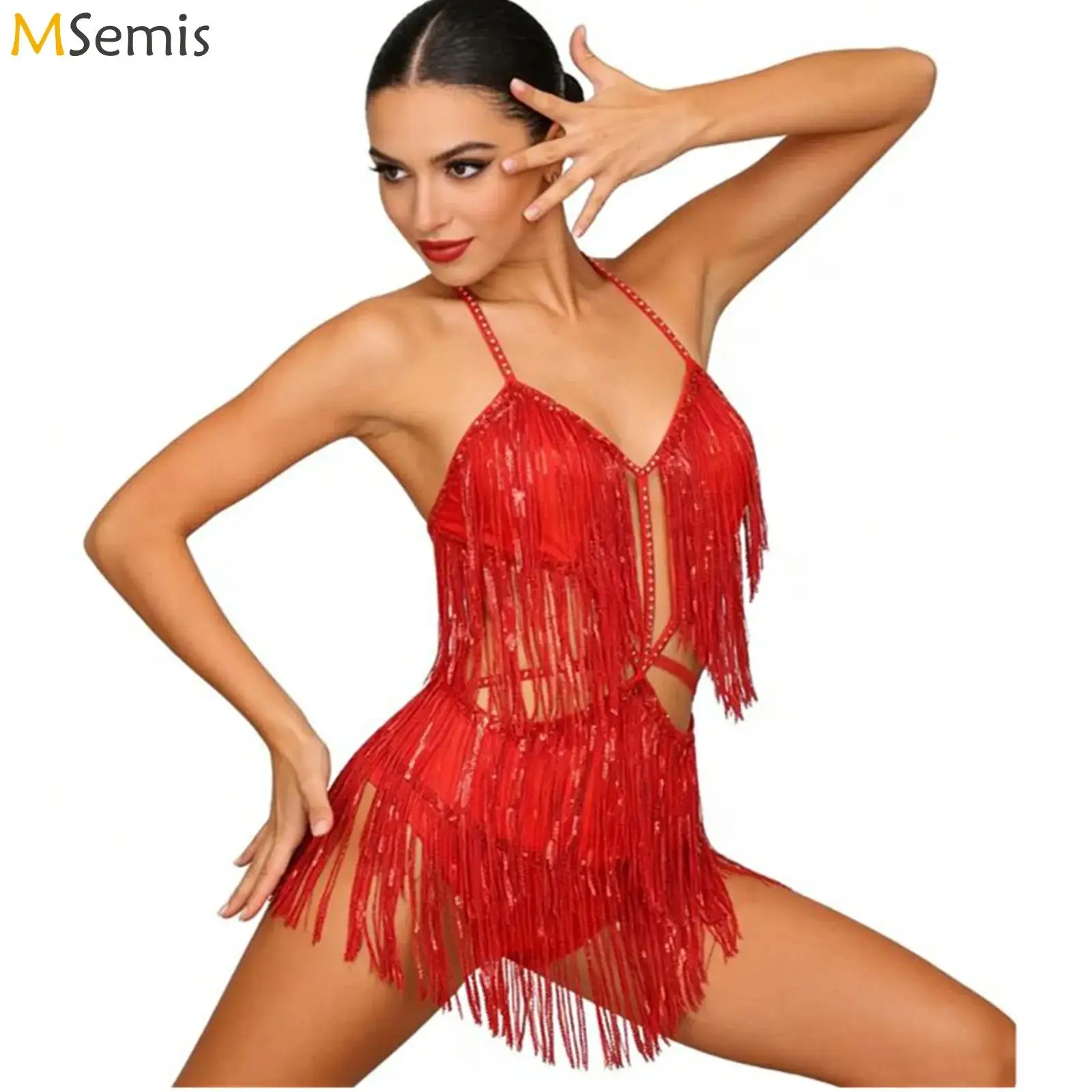 

Women's Halter Backless Dancewear Red Tassel Latin Belly Dance Performance Costume Fringed Sequin Tassels Hollow Out Jumpsuit