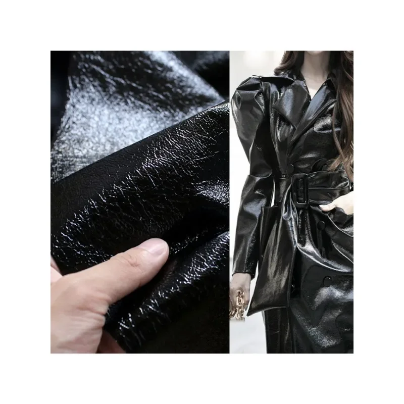 Bright black leather crack texture waterproof jacket vintage clothing DIY autumn/winter designer fabric