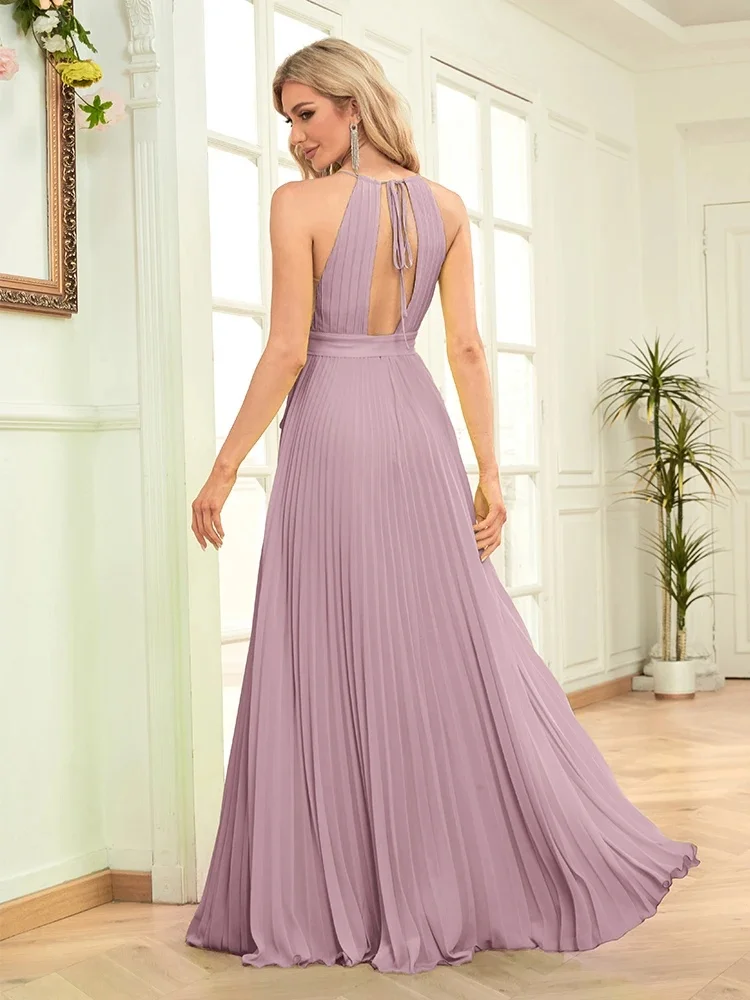 Customized Simple Chiffon Draped Sash Bow A-line Halter Long Dresses Bespoke Occasion Dresses Exquisite Sizes Available Casual