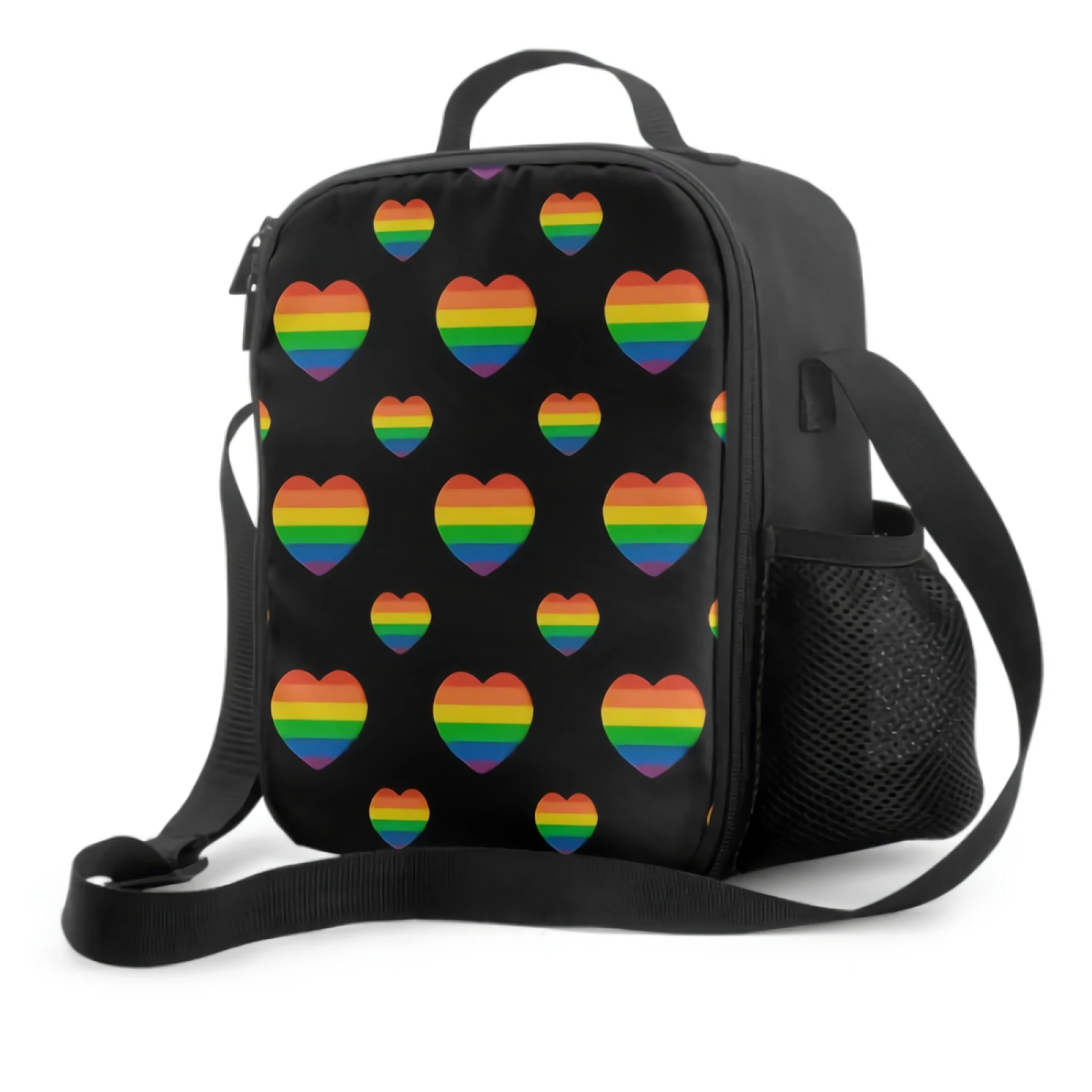 Colorful Striped Lgbtq Hearts Insulated Thermal Lunch Bags Washable Tote Crossbody Lunch Container Food Carrier for Work Travel