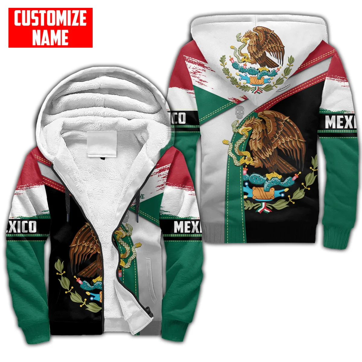 Personalized Name Mexico Flag Coat of Arm 3D Printed Fleece zipper Hoodies Unisex Winter Warm plus velvet Jacket Coat JRL09