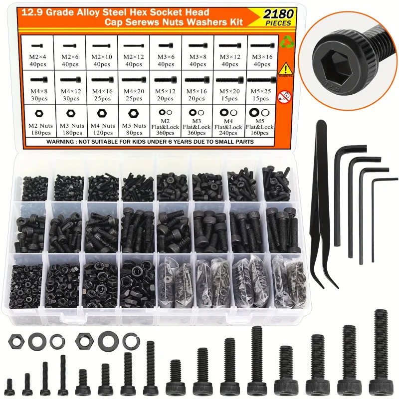 

2180PCS Black M2 M3 M4 M5 Hex Socket Cap Screw Nut Washer Kit, 12.9 Grade Alloy Steel Metric Assortment with Hex Wrenches